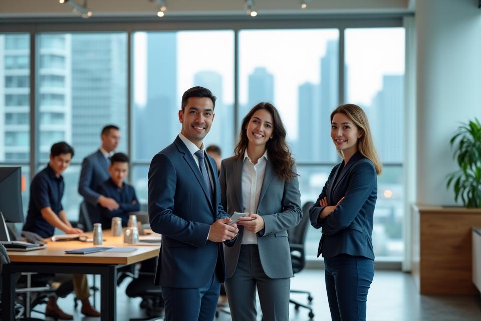 Modern business team collaborating in a bright, tech-enabled office, symbolizing a gateway to success.