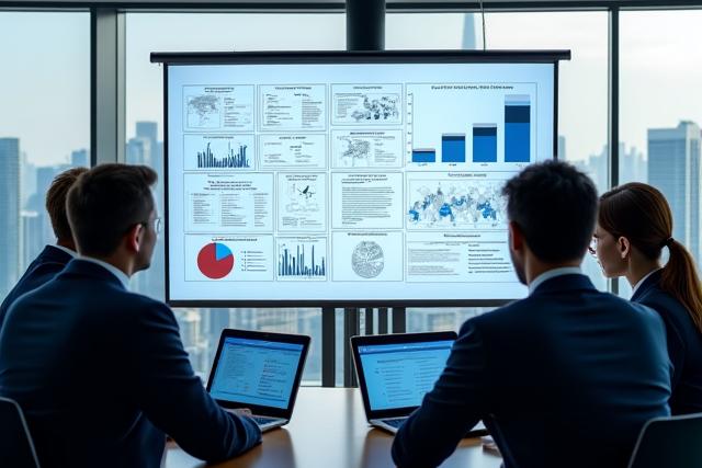 Professionals in a meeting discussing market entry strategies with charts and graphs.