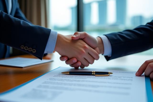 Documents and a handshake symbolizing business registration and legal compliance in Singapore.